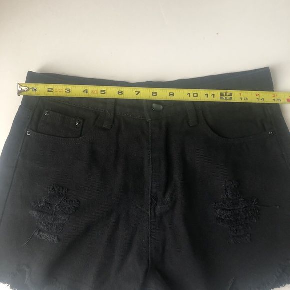 SHEIN High Rise Frayed Hem Black Denim Shorts Women's Medium - Picture 9 of 10